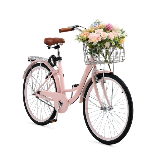 VEVOR 1-Speed Cruiser Bike, 26-Inch Pink Beach Cruiser Bike with Large Capacity Basket and Rear Rack, Secure & Sturdy Cruiser Bike with Adjustable