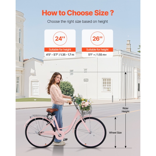 VEVOR 1-Speed Cruiser Bike, 26-Inch Pink Beach Cruiser Bike with Large Capacity Basket and Rear Rack, Secure & Sturdy Cruiser Bike with Adjustable