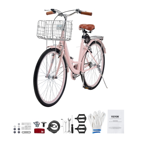 VEVOR 1-Speed Cruiser Bike, 26-Inch Pink Beach Cruiser Bike with Large Capacity Basket and Rear Rack, Secure & Sturdy Cruiser Bike with Adjustable