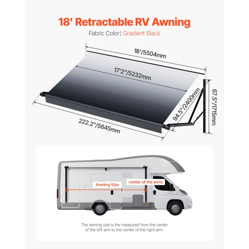 VEVOR 18' Motorized RV Awning Complete Kit, Retractable Awning with Aluminum Alloy Frame, Outdoor Trailer Awning, Fit for Most RVs(Black Fade)