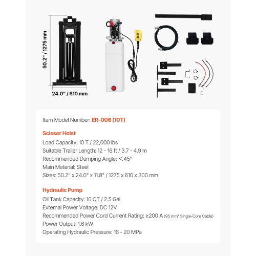 VEVOR 22,000 lb/10 T Hydraulic Dump Lift Kit, Dump Trailer Hydraulic Scissor Hoist Kit Standard Kit, Hydraulic Dump Bed Kit with 12V Hydraulic Pump
