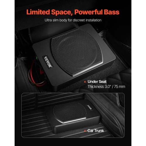 VEVOR 10" 240W Underseat Car Subwoofer, Slim Powered Car Subwoofers Under the Seat, Low Profile Audio Sub Built-in Amplifier, High/Low Level Input &