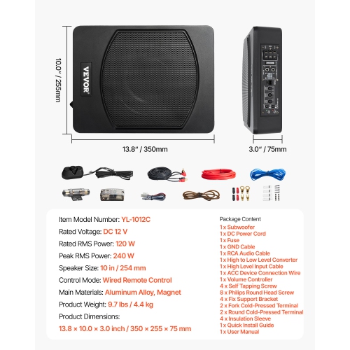 VEVOR 10" 240W Underseat Car Subwoofer, Slim Powered Car Subwoofers Under the Seat, Low Profile Audio Sub Built-in Amplifier, High/Low Level Input &
