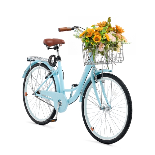 VEVOR 1-Speed Cruiser Bike, 26-Inch Light Blue Beach Cruiser Bike with Large Capacity Basket and Rear Rack, Secure & Sturdy Cruiser Bike with