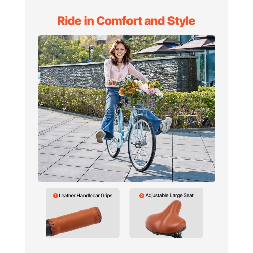 VEVOR 1-Speed Cruiser Bike, 26-Inch Light Blue Beach Cruiser Bike with Large Capacity Basket and Rear Rack, Secure & Sturdy Cruiser Bike with