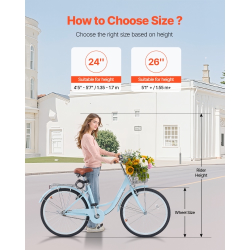 VEVOR 1-Speed Cruiser Bike, 26-Inch Light Blue Beach Cruiser Bike with Large Capacity Basket and Rear Rack, Secure & Sturdy Cruiser Bike with