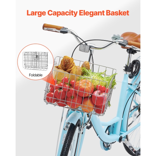 VEVOR 1-Speed Cruiser Bike, 26-Inch Light Blue Beach Cruiser Bike with Large Capacity Basket and Rear Rack, Secure & Sturdy Cruiser Bike with