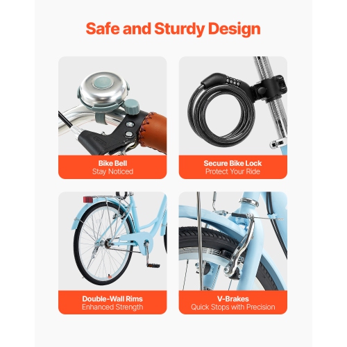 VEVOR 1-Speed Cruiser Bike, 26-Inch Light Blue Beach Cruiser Bike with Large Capacity Basket and Rear Rack, Secure & Sturdy Cruiser Bike with