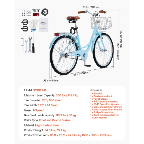 VEVOR 1-Speed Cruiser Bike, 26-Inch Light Blue Beach Cruiser Bike with Large Capacity Basket and Rear Rack, Secure & Sturdy Cruiser Bike with