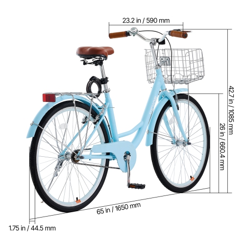 VEVOR 1-Speed Cruiser Bike, 26-Inch Light Blue Beach Cruiser Bike with Large Capacity Basket and Rear Rack, Secure & Sturdy Cruiser Bike with