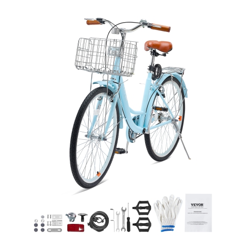 VEVOR 1-Speed Cruiser Bike, 26-Inch Light Blue Beach Cruiser Bike with Large Capacity Basket and Rear Rack, Secure & Sturdy Cruiser Bike with