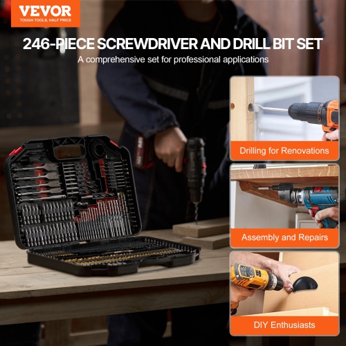 VEVOR 246 Pieces Drill Bit Set, Drill and Driver Bit Set, Screwdriver Bit Set Suitable for Wood Metal Cement Drilling and Screw Driving, Drill Bit