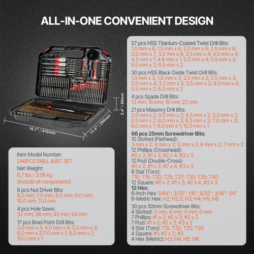 VEVOR 246 Pieces Drill Bit Set, Drill and Driver Bit Set, Screwdriver Bit Set Suitable for Wood Metal Cement Drilling and Screw Driving, Drill Bit