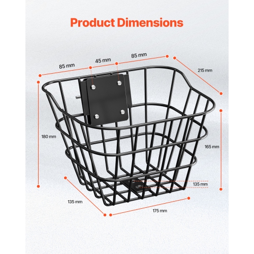 VEVOR 20lbs max load Front Bike Basket, Electric Scooter Basket with Fixed Bracket, Construct from Solid Steel, Kids Bike/Adult Bicycle Basket/Knee