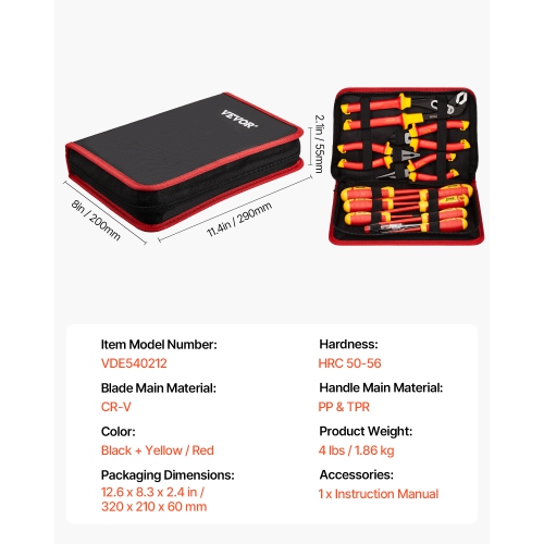 VEVOR 12-Piece Insulated Screwdriver Set, Professional Electrical Screwdriver Set, 1000V Insulated Electrician Tool Set, with Magnetic Phillips