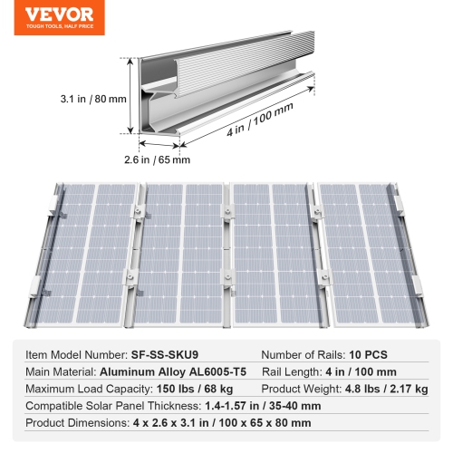 VEVOR Solar Panel Mounting Brackets, Solar Panel Mount Kit with 10 x 4" Mini Rails, 4 End Clamps and 6 Mild Clamps, for Metal Roof, Concrete Roof,