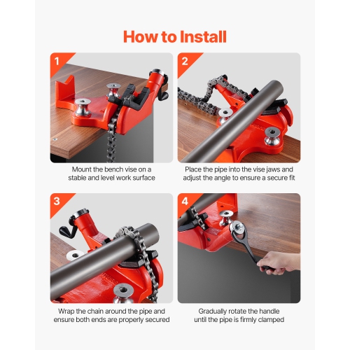 VEVOR 34.6" Heavy-Duty Pipe Chain Vise, 1/2" - 8" Pipe Capacity, Rugged Chain & Cast Iron Base, Industrial-Grade Pipe Clamping for Plumbing,