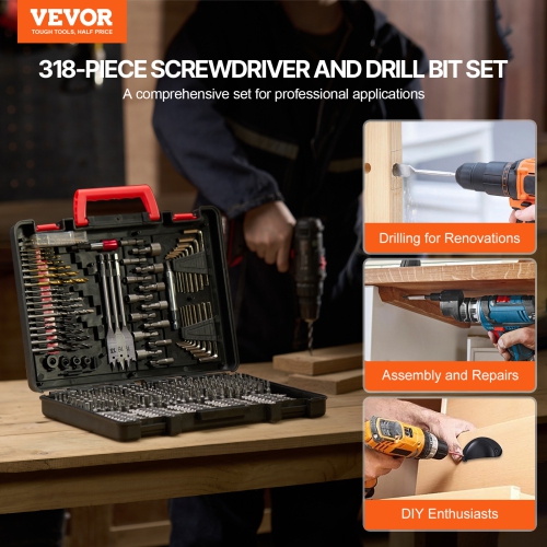 VEVOR 318 Pieces Drill Bit Set, Drill and Driver Bit Set, Screwdriver Bit Set Suitable for Wood Metal Cement Drilling and Screw Driving, Drill Bit