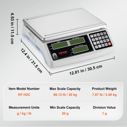 VEVOR 30 kg x 1 g Industrial Counting Scale, Digital Scale for Parts and Coins, g/kg/lb Units, Gram/Inventory Counting/Kitchen/Jewelry Scale with