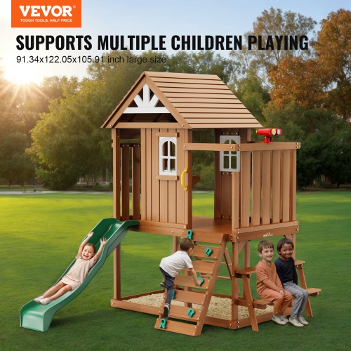 VEVOR Outdoor Wooden Playhouse, Modern Cedar Playhouse for Age 2-8 Years Kids, Games Cottage, Cedar Playhouse with Slide, Ladder, Climbing Wall,