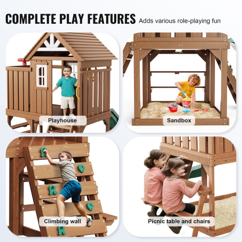 VEVOR Outdoor Wooden Playhouse, Modern Cedar Playhouse for Age 2-8 Years Kids, Games Cottage, Cedar Playhouse with Slide, Ladder, Climbing Wall,