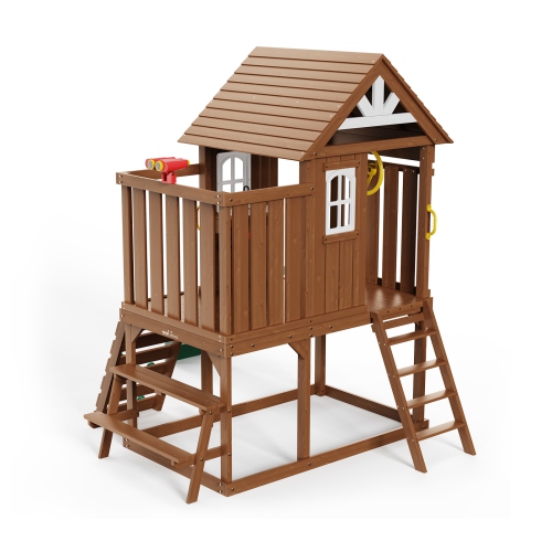 VEVOR Outdoor Wooden Playhouse, Modern Cedar Playhouse for Age 2-8 Years Kids, Games Cottage, Cedar Playhouse with Slide, Ladder, Climbing Wall,