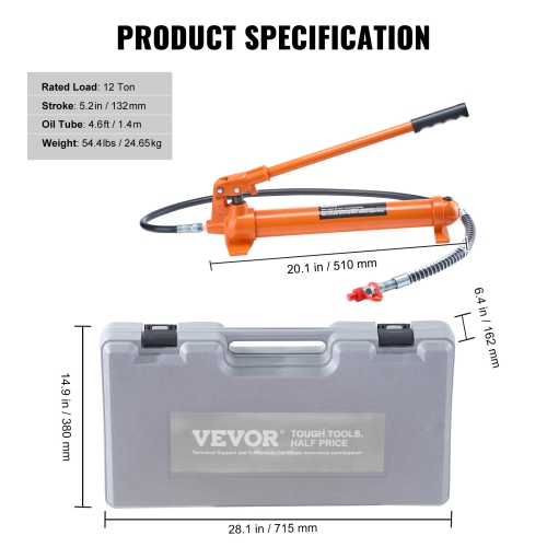 VEVOR 12 Ton Porta Power Kit, Portable Hydraulic Jack with 4.6 ft/1.4 m Oil Hose, Auto Body Frame Repair Kit with Storage Case for Car Repair, Truck,