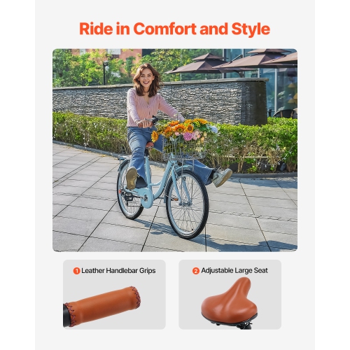 VEVOR Cruiser Bike, 7-Speed, 24-Inch Light Blue Beach Cruiser Bike with Large Capacity Basket and Rear Rack, Secure & Sturdy Cruiser Bike with