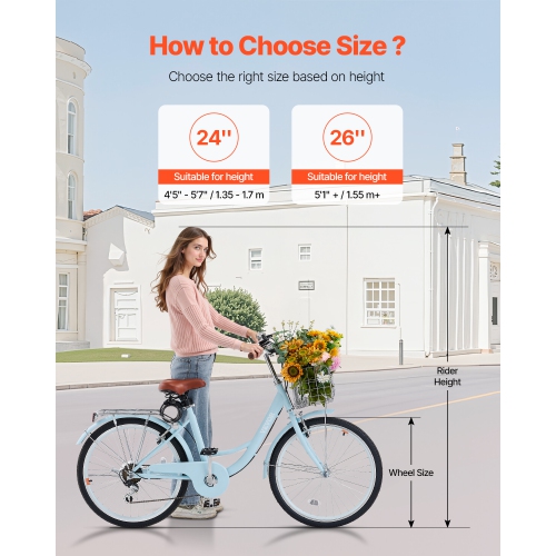 VEVOR Cruiser Bike, 7-Speed, 24-Inch Light Blue Beach Cruiser Bike with Large Capacity Basket and Rear Rack, Secure & Sturdy Cruiser Bike with