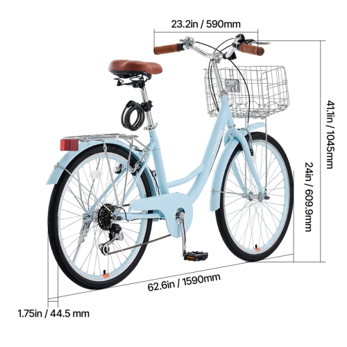 VEVOR Cruiser Bike, 7-Speed, 24-Inch Light Blue Beach Cruiser Bike with Large Capacity Basket and Rear Rack, Secure & Sturdy Cruiser Bike with