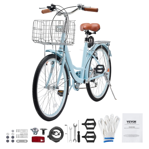 VEVOR Cruiser Bike, 7-Speed, 24-Inch Light Blue Beach Cruiser Bike with Large Capacity Basket and Rear Rack, Secure & Sturdy Cruiser Bike with