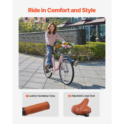 VEVOR Cruiser Bike, 7-Speed, 26-Inch Pink Beach Cruiser Bike with Large Capacity Basket and Rear Rack, Secure & Sturdy Cruiser Bike with Adjustable