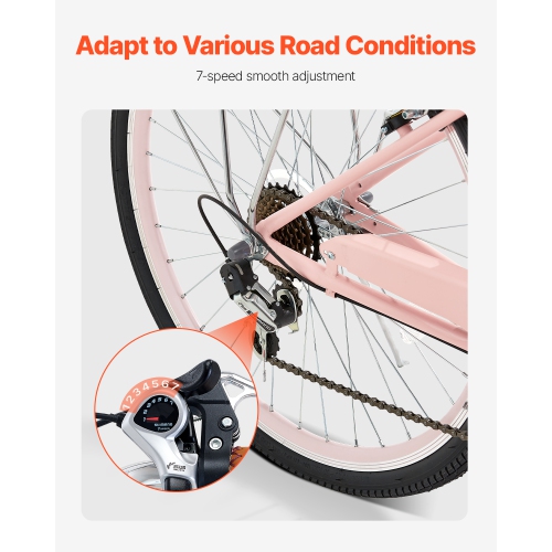 VEVOR Cruiser Bike, 7-Speed, 26-Inch Pink Beach Cruiser Bike with Large Capacity Basket and Rear Rack, Secure & Sturdy Cruiser Bike with Adjustable