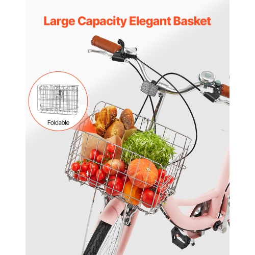 VEVOR Cruiser Bike, 7-Speed, 26-Inch Pink Beach Cruiser Bike with Large Capacity Basket and Rear Rack, Secure & Sturdy Cruiser Bike with Adjustable