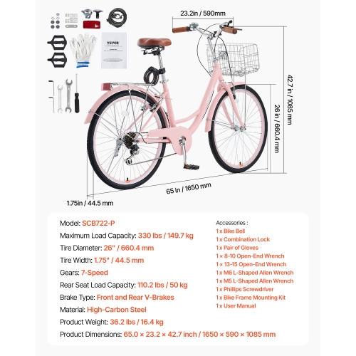 VEVOR Cruiser Bike, 7-Speed, 26-Inch Pink Beach Cruiser Bike with Large Capacity Basket and Rear Rack, Secure & Sturdy Cruiser Bike with Adjustable