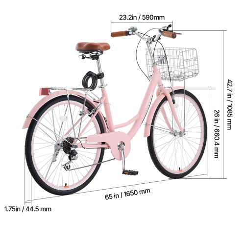 VEVOR Cruiser Bike, 7-Speed, 26-Inch Pink Beach Cruiser Bike with Large Capacity Basket and Rear Rack, Secure & Sturdy Cruiser Bike with Adjustable
