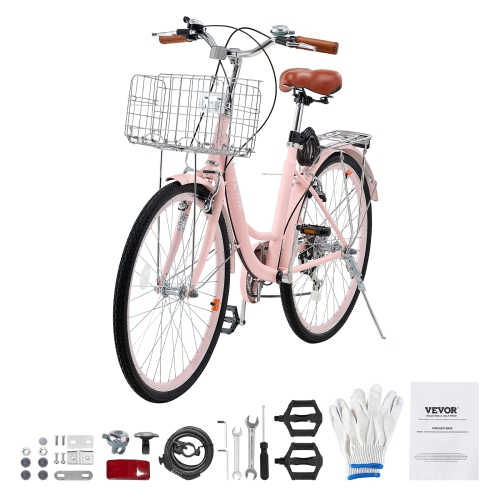 VEVOR Cruiser Bike, 7-Speed, 26-Inch Pink Beach Cruiser Bike with Large Capacity Basket and Rear Rack, Secure & Sturdy Cruiser Bike with Adjustable