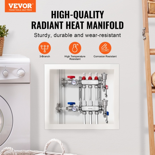 VEVOR 3-Branch Radiant Heat Manifold, 1/2" PEX Tubing Manifold, PEX Manifold for Hydronic Radiant Floor Heating, Radiant Heat PEX Manifold Kit with