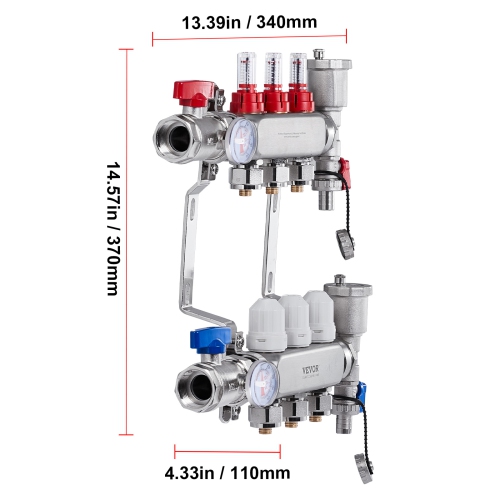 VEVOR 3-Branch Radiant Heat Manifold, 1/2" PEX Tubing Manifold, PEX Manifold for Hydronic Radiant Floor Heating, Radiant Heat PEX Manifold Kit with