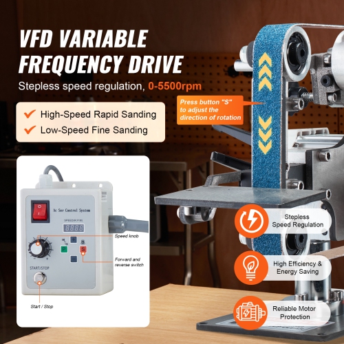 VEVOR 30 x 1-Inch Belt Grinder Sander, Variable Speed Belt Polisher with VFD, 550W Polishing Grinding Machine with 2 Grinding Moulds & 3PCS Sanding