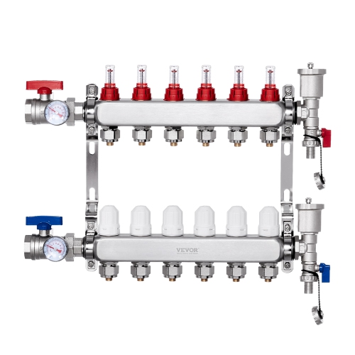 VEVOR 6-Branch Radiant Heat Manifold, 1/2" PEX Tubing Manifold, PEX Manifold for Hydronic Radiant Floor Heating,Radiant Heat PEX Manifold Kit with