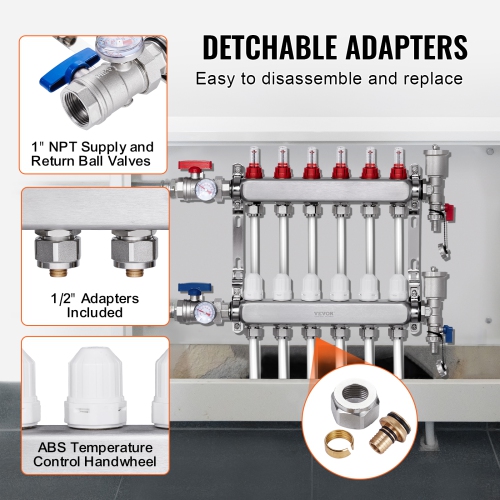 VEVOR 6-Branch Radiant Heat Manifold, 1/2" PEX Tubing Manifold, PEX Manifold for Hydronic Radiant Floor Heating,Radiant Heat PEX Manifold Kit with