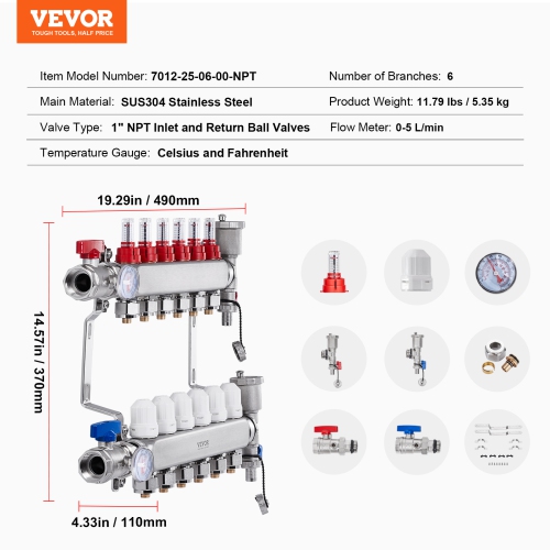 VEVOR 6-Branch Radiant Heat Manifold, 1/2" PEX Tubing Manifold, PEX Manifold for Hydronic Radiant Floor Heating,Radiant Heat PEX Manifold Kit with