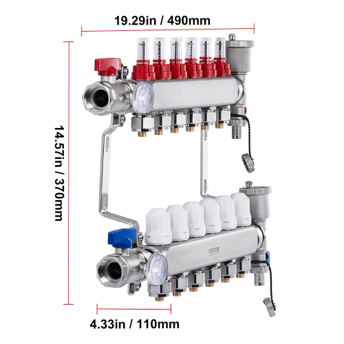 VEVOR 6-Branch Radiant Heat Manifold, 1/2" PEX Tubing Manifold, PEX Manifold for Hydronic Radiant Floor Heating,Radiant Heat PEX Manifold Kit with