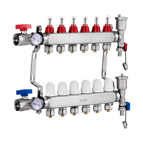 VEVOR 6-Branch Radiant Heat Manifold, 1/2" PEX Tubing Manifold, PEX Manifold for Hydronic Radiant Floor Heating,Radiant Heat PEX Manifold Kit with