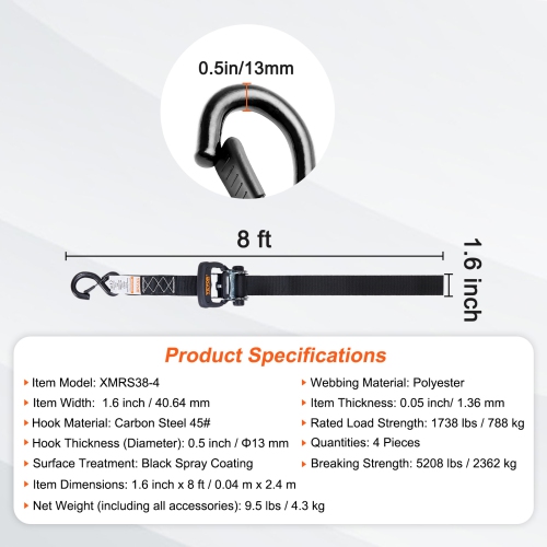 VEVOR 4PK Ratchet Tie Down Straps, 5208 lb Max Break Strength, Includes 4 Premium 1.6" x 8' Rachet Tie Downs with Padded Handles, for Moving Securing