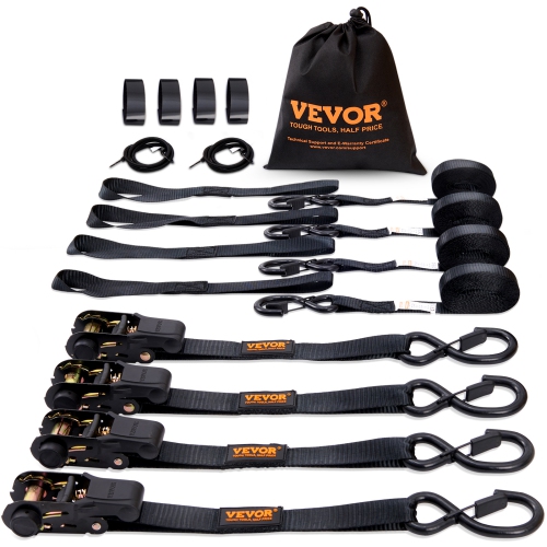 VEVOR 4PK Ratchet Tie Down Straps, 2200 lb Max Break Strength, Includes 4 Premium 1" x 15' Rachet Tie Downs with Padded Handles, for Moving Securing