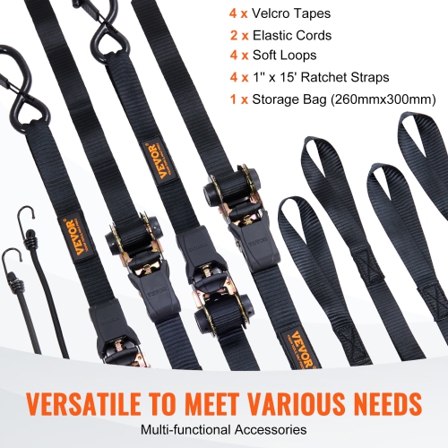 VEVOR 4PK Ratchet Tie Down Straps, 2200 lb Max Break Strength, Includes 4 Premium 1" x 15' Rachet Tie Downs with Padded Handles, for Moving Securing