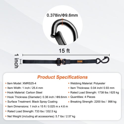 VEVOR 4PK Ratchet Tie Down Straps, 2200 lb Max Break Strength, Includes 4 Premium 1" x 15' Rachet Tie Downs with Padded Handles, for Moving Securing