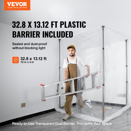 VEVOR 12 Ft Dust Barrier Poles, Dust Barrier System with 4 Telescoping Poles, 32.8x13.12 Ft Plastic Film, and Carry Bag, for Interior Decoration and